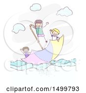 Poster, Art Print Of Sketched Group Of Children Floating On An Umbrella
