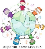 Poster, Art Print Of Sketched Group Of Children Holding Hands Around A Globe