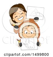 Boy And Girl Eskimo Holding Drawings And Pencils