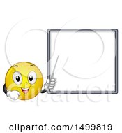 Clipart Of A Smiley Emoticon Emoji Pointing To A White Board Royalty Free Vector Illustration by BNP Design Studio