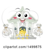 Clipart Of A Bank Building Mascot With Money Bags And Coins Royalty Free Vector Illustration