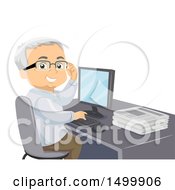 Poster, Art Print Of Senior Man Smiling And Using A Computer With A Stack Of Newspapers On His Desk