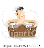 Man Soaking In A Wooden Tub