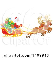 Poster, Art Print Of Christmas Sleigh With Flying Reindeer And Santa