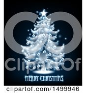 Clipart Of A Merry Christmas Greeting Under A Blue Glowing Tree On Black Royalty Free Vector Illustration