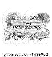 Clipart Of A Black And White Wooden Happy Thanksgiving Sign Framed In Produce Vegetables Royalty Free Vector Illustration