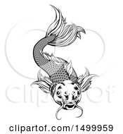 Poster, Art Print Of Black And White Woodcut Swimming Koi Fish