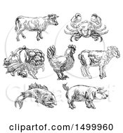 Clipart Of Black And White Sketched Food Icons Royalty Free Vector Illustration