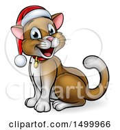 Poster, Art Print Of Happy Brown Cat Wearing A Christmas Santa Hat Sitting And Facing Left