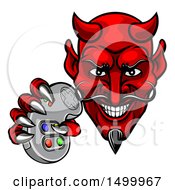 Poster, Art Print Of Grinning Evil Red Devil Holding A Video Game Controller