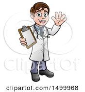 Cartoon Friendly Brunette White Male Doctor Holding A Clipboard Chart