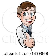 Clipart Of A Cartoon Friendly Brunette White Male Doctor Giving A Thumb Up Around A Sign Royalty Free Vector Illustration