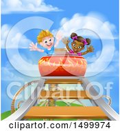 Poster, Art Print Of Happy White Boy And Black Girl At The Top Of A Roller Coaster Ride Against A Blue Sky With Clouds