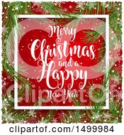 Poster, Art Print Of Merry Christmas And A Happy New Year Greeting In A Border Of Branches And Snowflakes On Red