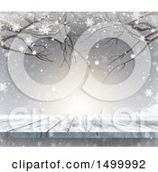 Clipart Of A 3d Wooden Surface With Snow And Bare Tree Branches Royalty Free Illustration
