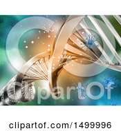 Clipart Of A 3d Dna Strand With Virus Cells Royalty Free Illustration