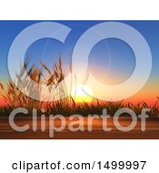 Poster, Art Print Of 3d Wooden Surface And Wheat At Sunset