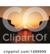 Poster, Art Print Of 3d Bay At Sunset With Cliffs And Seagulls