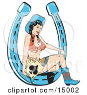 Sexy Brunette Cowgirl In A Halter Top And Mini Skirt Sitting In A Horseshoe And Holding Playing Cards Clipart Illustration by Andy Nortnik #COLLC15002-0031