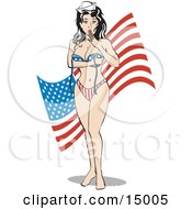 Sexy Brunette Woman In A Stars And Stripes Bikini With A Surprised Look On Her Face As Her Top Falls Off Standing In Front Of An American Flag Clipart Illustration by Andy Nortnik