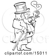 Leprechaun Leaning On A Cane And Smoking A Pipe In Black And White