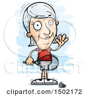 Clipart Of A Waving Caucasian Senior Woman Badminton Player Royalty Free Vector Illustration