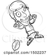 Clipart Of A Black And White Jumping Senior Female Football Player Royalty Free Vector Illustration