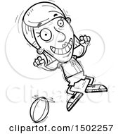 Clipart Of A Black And White Jumping Senior Female Rugby Player Royalty Free Vector Illustration