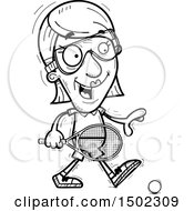 Clipart Of A Black And White Walking Senior Woman Racquetball Player Royalty Free Vector Illustration