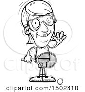 Clipart Of A Black And White Waving Senior Woman Racquetball Player Royalty Free Vector Illustration