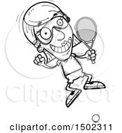 Clipart Of A Black And White Jumping Senior Woman Racquetball Player Royalty Free Vector Illustration