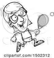 Clipart Of A Black And White Running Senior Woman Racquetball Player Royalty Free Vector Illustration