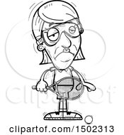 Clipart Of A Black And White Sad Senior Woman Racquetball Player Royalty Free Vector Illustration
