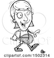 Clipart Of A Black And White Walking Senior Woman Badminton Player Royalty Free Vector Illustration