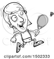 Clipart Of A Black And White Running Senior Woman Badminton Player Royalty Free Vector Illustration