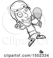 Clipart Of A Black And White Jumping Senior Woman Badminton Player Royalty Free Vector Illustration
