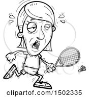Clipart Of A Black And White Tired Senior Woman Badminton Player Royalty Free Vector Illustration