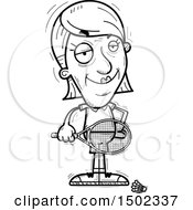 Clipart Of A Black And White Confident Senior Woman Badminton Player Royalty Free Vector Illustration