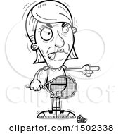 Clipart Of A Black And White Mad Pointing Senior Woman Badminton Player Royalty Free Vector Illustration