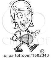 Clipart Of A Black And White Walking Senior Woman Tennis Player Royalty Free Vector Illustration