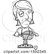 Clipart Of A Black And White Sad Senior Woman Tennis Player Royalty Free Vector Illustration