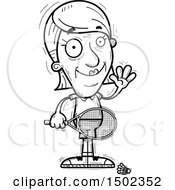 Clipart Of A Black And White Waving Senior Woman Badminton Player Royalty Free Vector Illustration