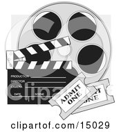Two Movie Tickets In Front Of A Take Clapperboard And A Reel Of Movie Film