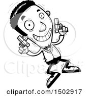 Clipart Of A Black And White Jumping African American Male Spy Or Secret Service Agent Royalty Free Vector Illustration