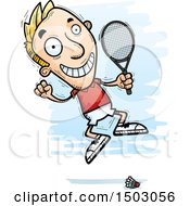 Clipart Of A Jumping Energetic Caucasian Man Badminton Player Royalty Free Vector Illustration