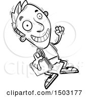 Clipart Of A Black And White Jumping Male College Student Royalty Free Vector Illustration