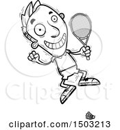 Clipart Of A Black And White Jumping Energetic Caucasian Man Badminton Player Royalty Free Vector Illustration