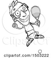 Clipart Of A Black And White Jumping Caucasian Man Racquetball Player Royalty Free Vector Illustration