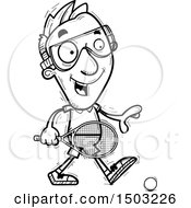 Clipart Of A Black And White Walking Caucasian Man Racquetball Player Royalty Free Vector Illustration