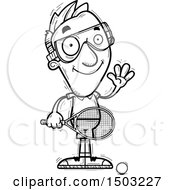 Clipart Of A Black And White Waving Caucasian Man Racquetball Player Royalty Free Vector Illustration